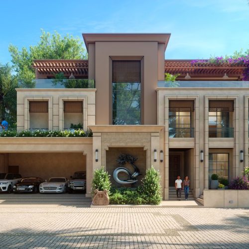 A stunning modern villa showcasing luxury and elegance with exotic cars and lush greenery.
